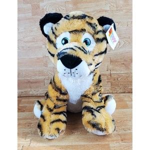B.J. Toy Co Orange Black Tiger Cat Plush Stuffed Animal 20" Green Glitter Eyes